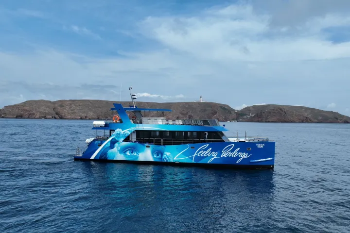 a blue and white boat floating on a body of water